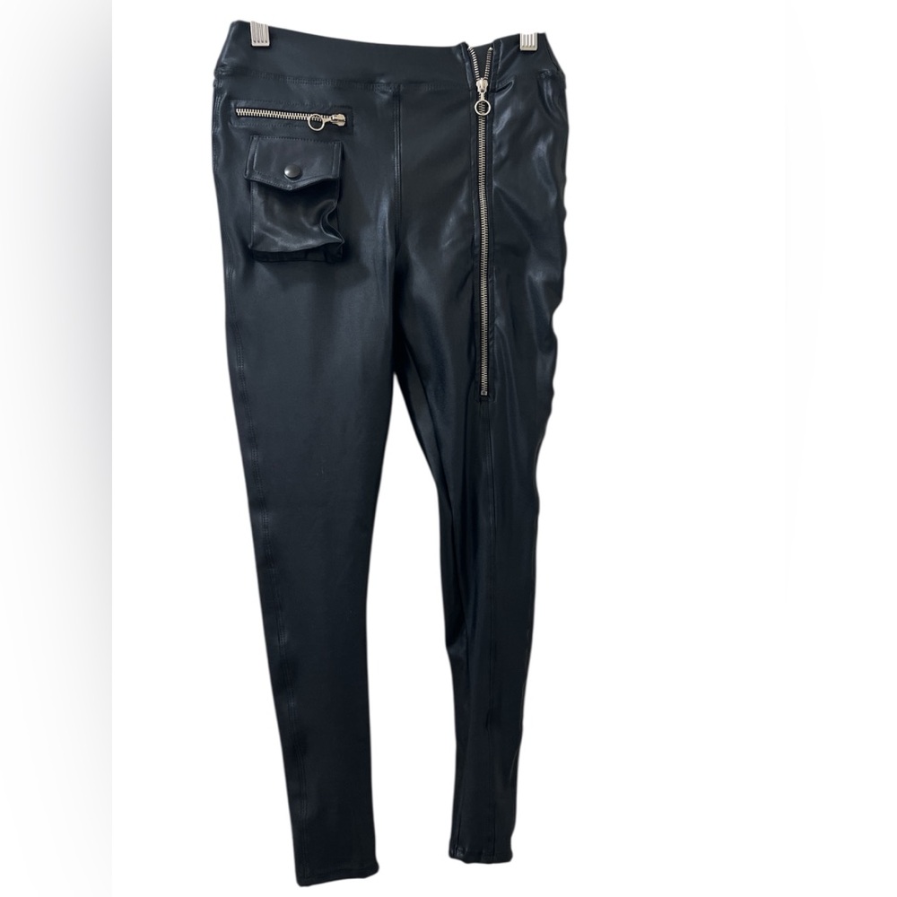 Black Faux Leather Pants with Zipper Detail